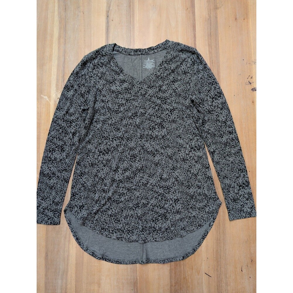 NWOT Cuddl Duds Softwear w/Stretch V Neck Tunic-Size S Black Grey Pattern